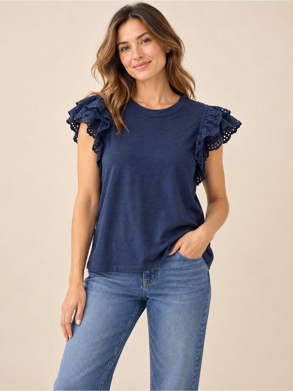 Caslon Navy Blue Eyelet Ruffle Sleeve Top, Women’s Small